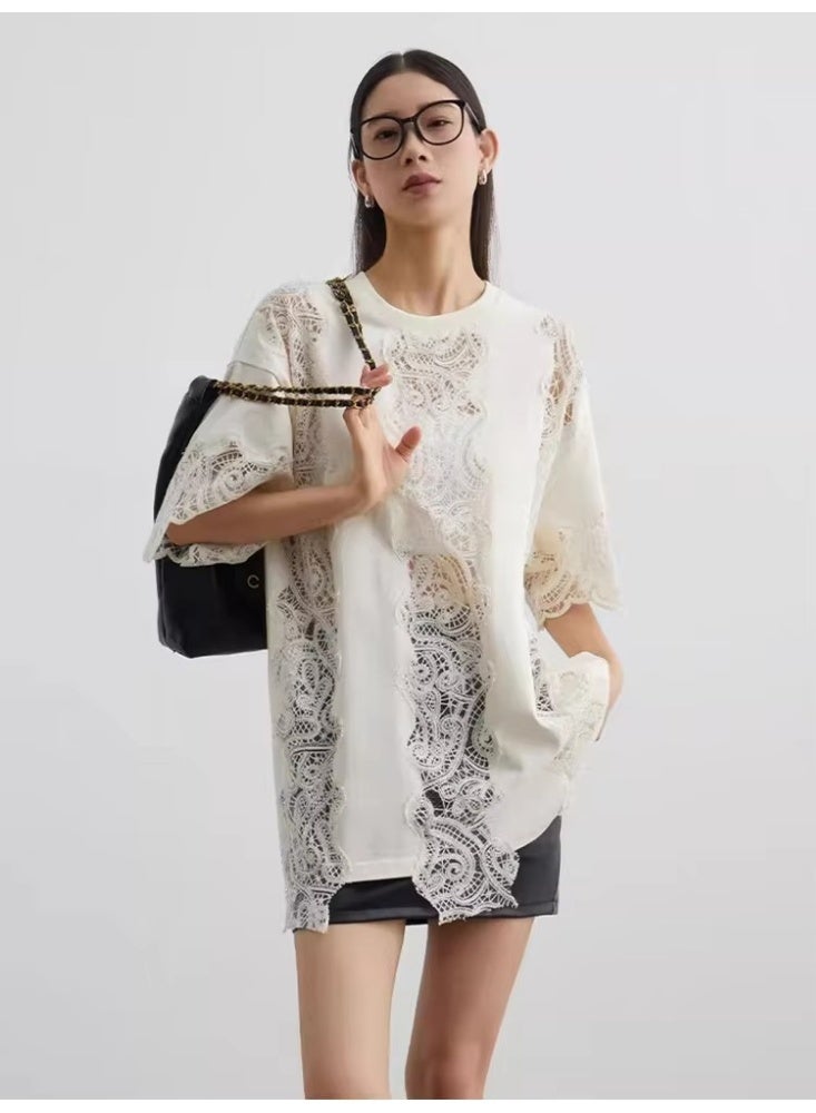 Women White Lace Hollow Out T Shirt Oversized Loose Fit Short Sleeve Top French Style Crochet Detail Casual Blouse - Image 2
