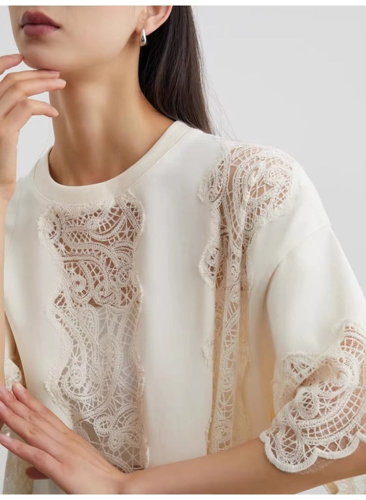 Women White Lace Hollow Out T Shirt Oversized Loose Fit Short Sleeve Top French Style Crochet Detail Casual Blouse - Image 5