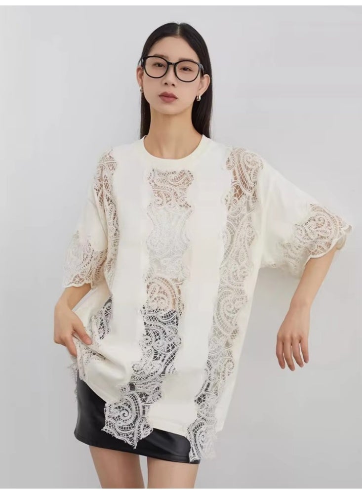Women White Lace Hollow Out T Shirt Oversized Loose Fit Short Sleeve Top French Style Crochet Detail Casual Blouse - Image 3