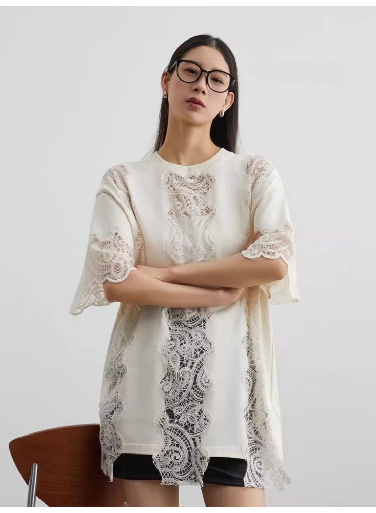 Women White Lace Hollow Out T Shirt Oversized Loose Fit Short Sleeve Top French Style Crochet Detail Casual Blouse - Image 4