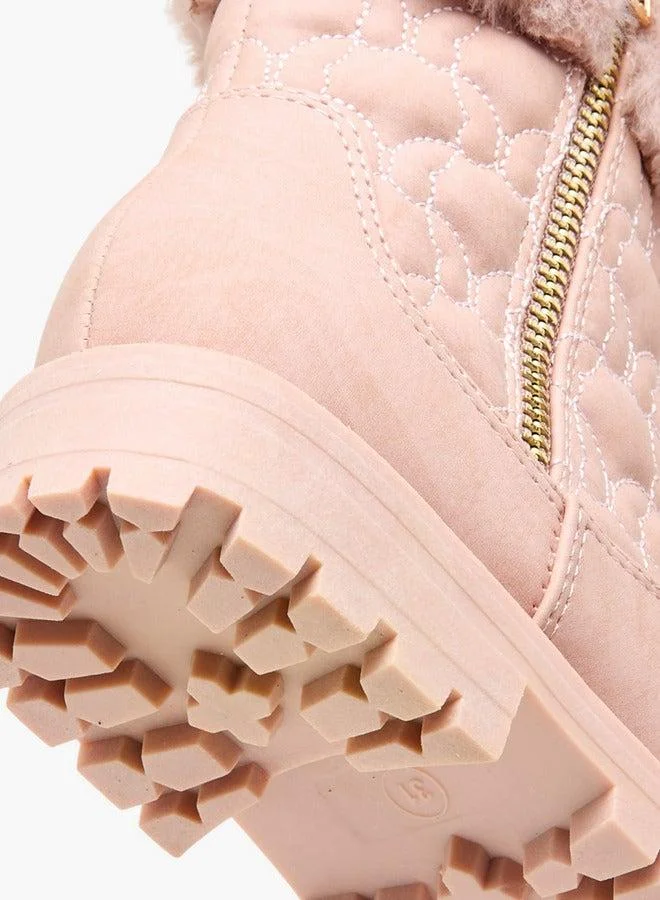 Little Missy PINK Quilted Ankle Boots with Faux Fur and Zip Closure for Women | Best Price UAE