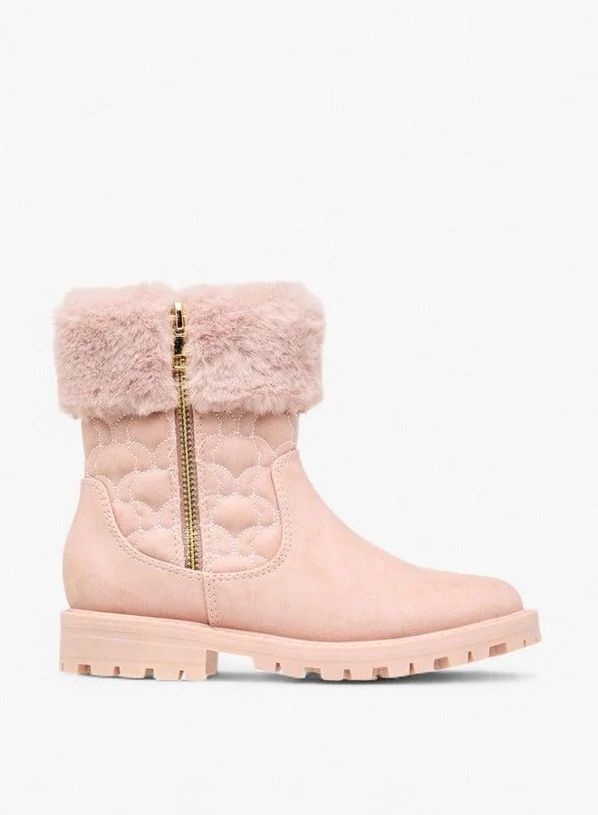 Little Missy PINK Quilted Ankle Boots with Faux Fur and Zip Closure for Women | Best Price UAE
