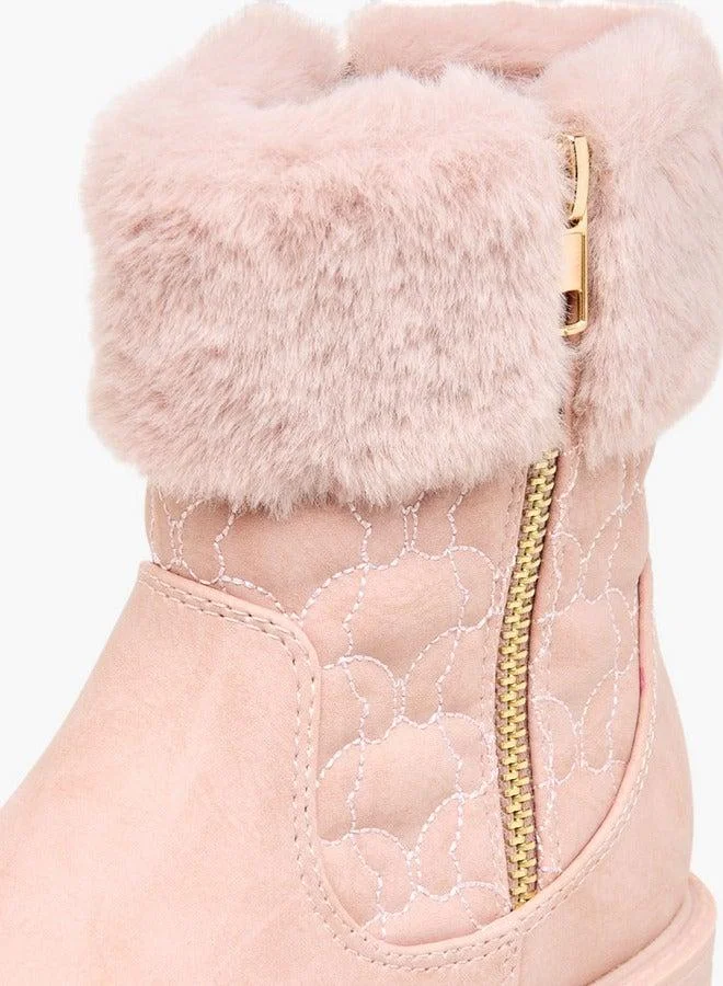 Little Missy PINK Quilted Ankle Boots with Faux Fur and Zip Closure for Women | Best Price UAE
