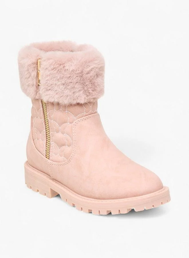 Little Missy PINK Quilted Ankle Boots with Faux Fur and Zip Closure for Women | Best Price UAE