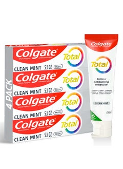 Colgate Total Clean Mint Toothpaste, 10 Benefits, No Trade-Offs, Freshens Breath, Whitens Teeth and Provides Sensitivity Relief, Clean Mint Flavor, 4 Pack, 5.1 Oz Tubes