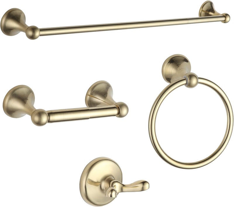 BGL Bathroom Hardware Set, Brushed Brass Adjustable Expandable Towel Bar 4-Piece Towel Ring Robe Hook Toilet Paper Holder Bathroom Accessory Set Wall Mounted - Image 1