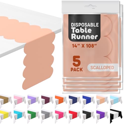 Peach Plastic Disposable Table Runner 5 Pack 14 x 108 inch Scallop Table Runner Adds A Pop of Color to Your Party Table by Swanoo