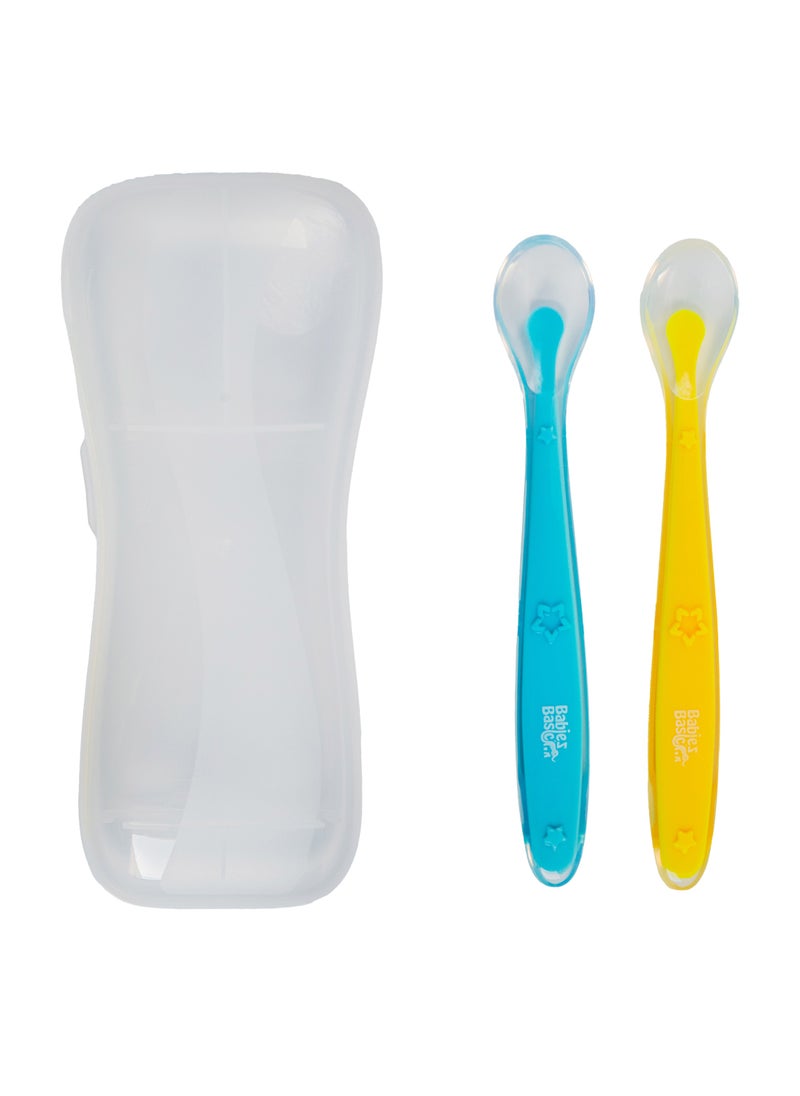 Silicone Spoon Set With Travel Case, Set Of 2, Suitable For 6M+ - Yellow & Blue