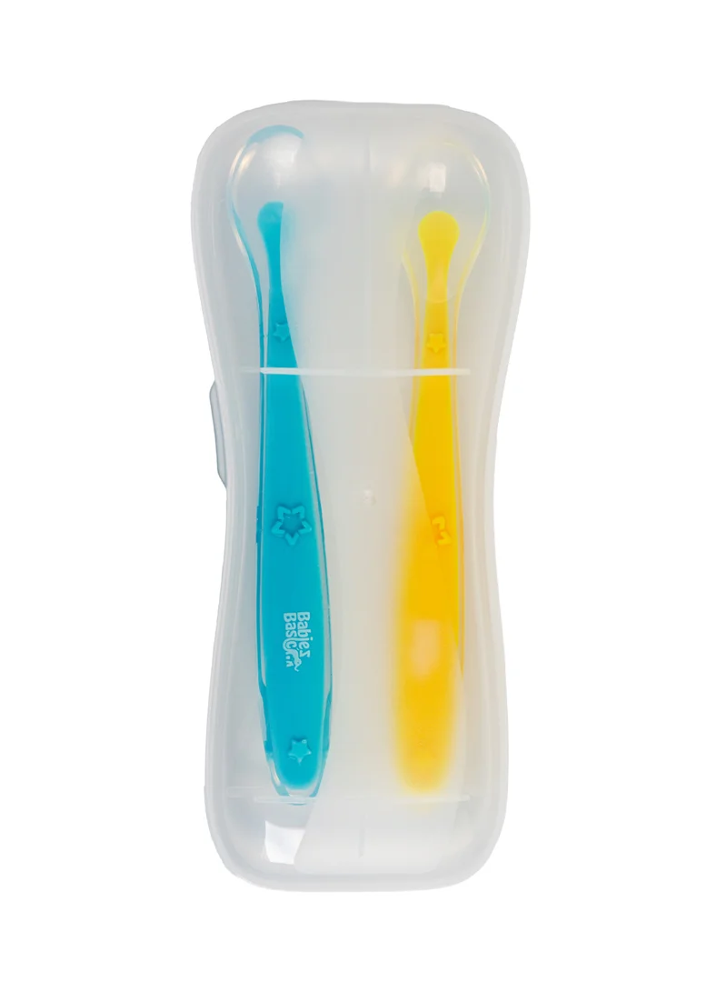 Babies Basic Silicone Spoon Set With Travel Case, Set Of 2, Suitable For 6M+ - Yellow & Blue