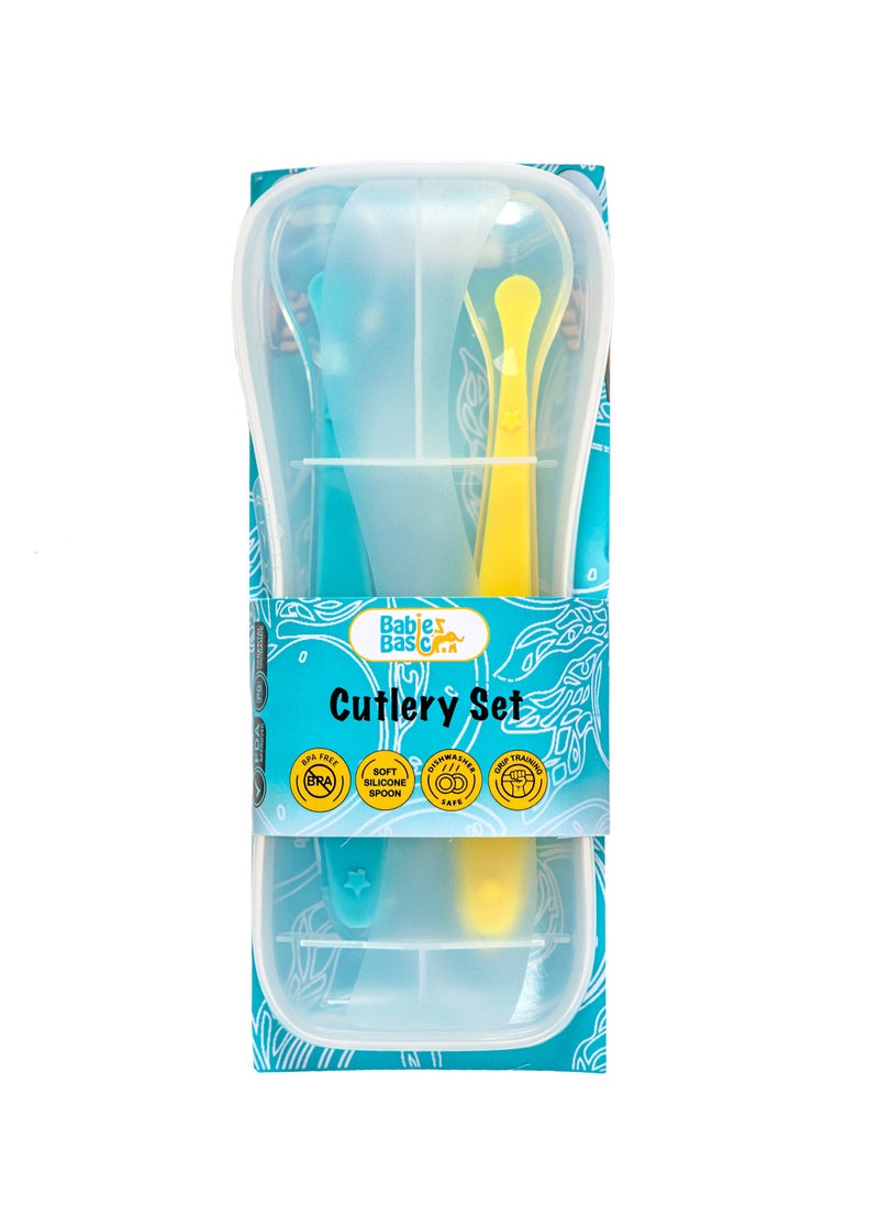Silicone Spoon Set With Travel Case, Set Of 2, Suitable For 6M+ - Yellow & Blue