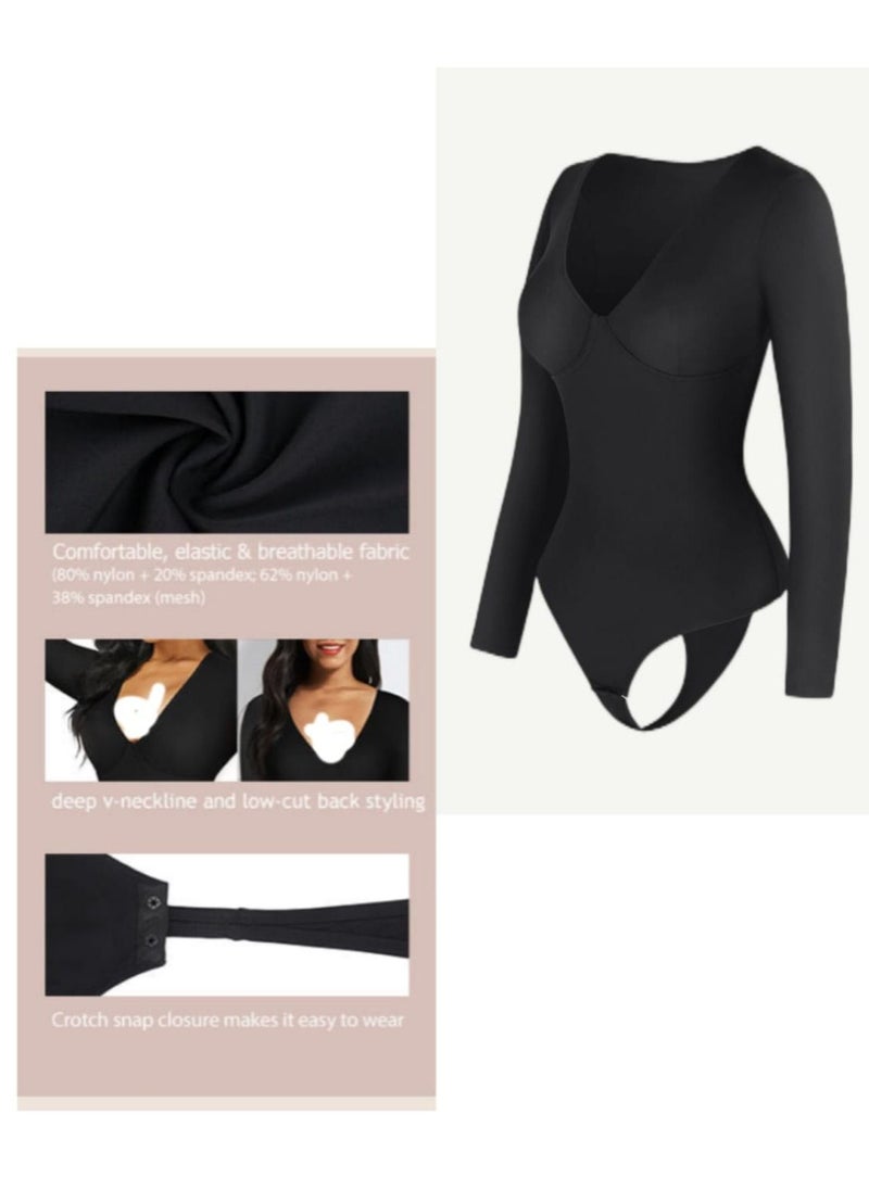 Bodysuit with Long Sleeves with a V-Shaped Open Design