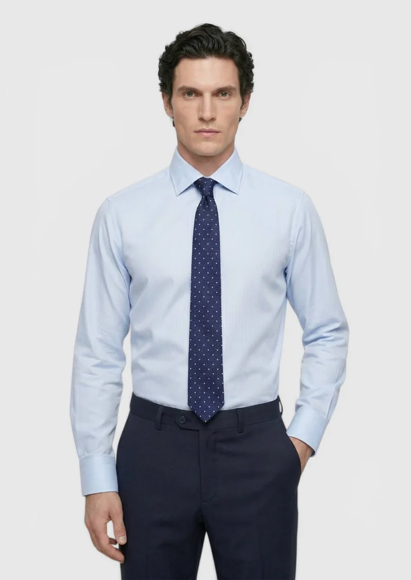 Ramsey Blue Plain Long Weaving Classical 100% Cotton Shirt