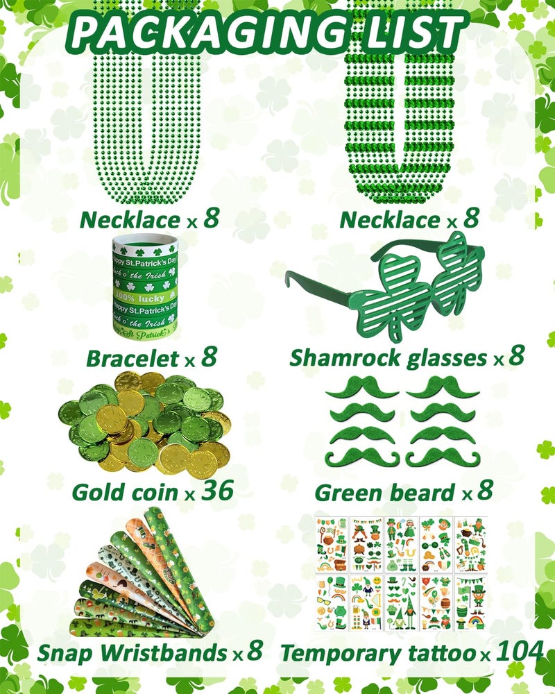 Xunqee 188 Pcs St. Patrick's Day Accessories Party Favor Set,St Patricks Day Decorations Kit for Kids Adults Shamrock Glasses,Necklaces,Bracelets,Green Beards,Coins,Snap Bracelets,Tattoo Stickers - Image 2