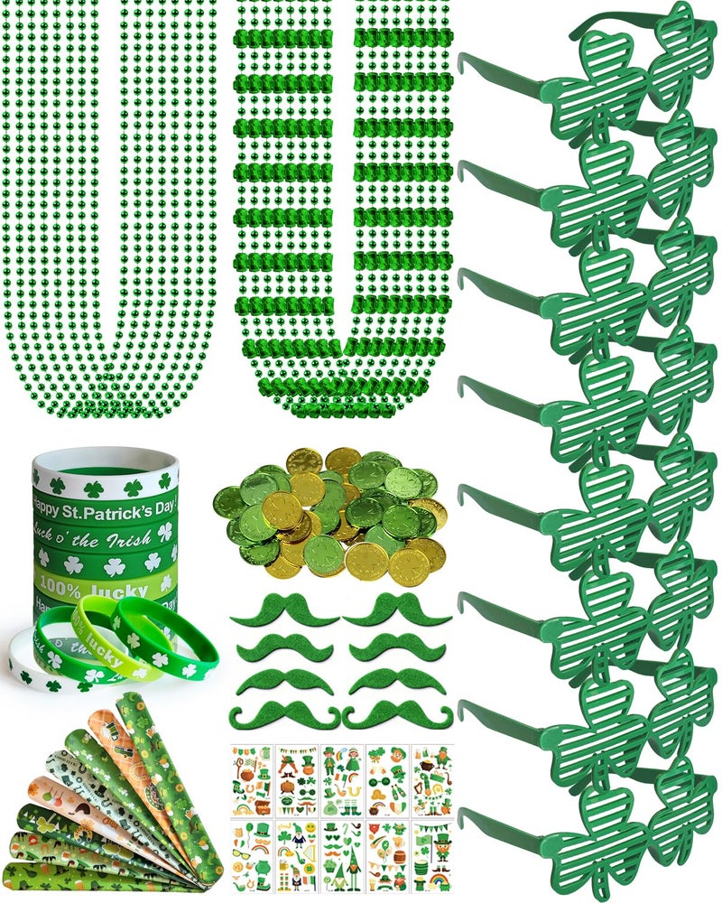 Xunqee 188 Pcs St. Patrick's Day Accessories Party Favor Set,St Patricks Day Decorations Kit for Kids Adults Shamrock Glasses,Necklaces,Bracelets,Green Beards,Coins,Snap Bracelets,Tattoo Stickers - Image 1