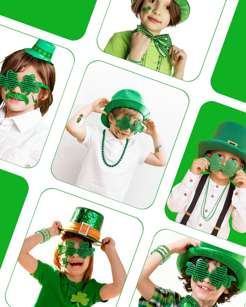 Xunqee 188 Pcs St. Patrick's Day Accessories Party Favor Set,St Patricks Day Decorations Kit for Kids Adults Shamrock Glasses,Necklaces,Bracelets,Green Beards,Coins,Snap Bracelets,Tattoo Stickers - Image 3