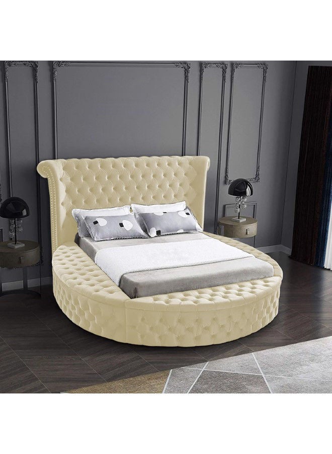 In-House Lotus | Wooden Bed Frame Upholstered in Velvet - Ivory  - Image 1