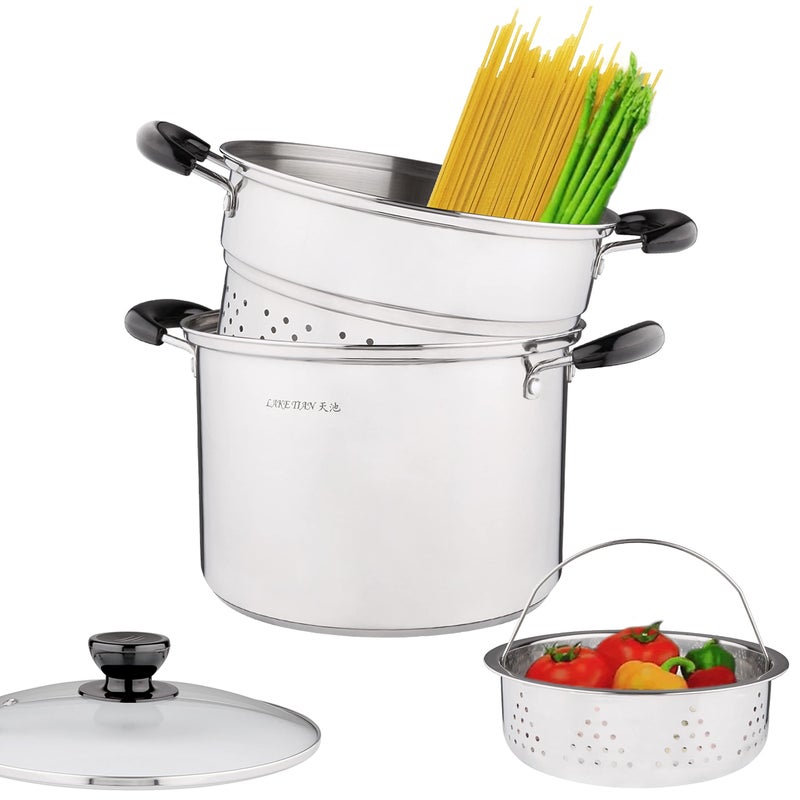 lake tian Lake Tian Stainless Steel Pasta Pot With Strainer Insert 4pc 10 Quart Steamer for cooking Spaghetti Pot Stock  Pasta Pots Multipots Steamer Set With Basket With Lid Induction Compatible 