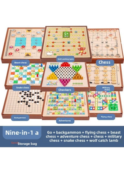Multi-functional One Chessboard Flying Chess Checkers Backgammon Go Card Beasts Chess Children's Toys Foreign Trade-Color:Nine-in-one [large A] Jumping Five Flying Dou Calendar Military Elephant Snake Wolf