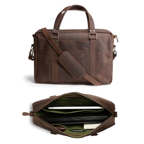Hide & Drink Leather Briefcase for Men with Shoulder Strap, Crossbody Laptop Bag for Mens, Computer Brief Case for Work, Men's Briefcases, Brown Messenger Bags Professional, Genuine Satchel for Women, Office Cases - Image 1