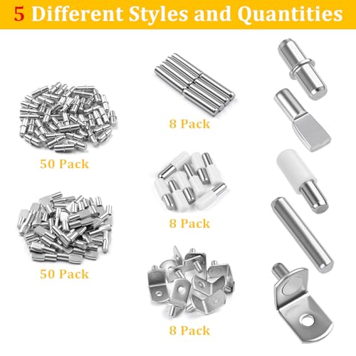 Okxiri 124 Pcs Shelf Pegs Kit, 5 Styles Nickel Shelf pins for Cabinet Shelves, Plated Shelf Support Pegs, Shelf Holders pegs for Kitchen Bookshelf Closet Furniture (5mm, 1/4inch) - Image 2