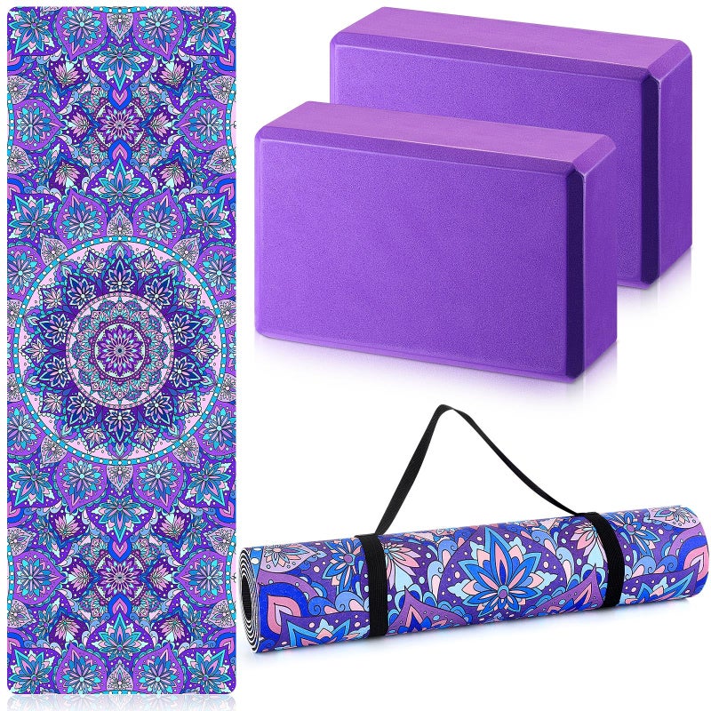 Tinideya 3 Pcs Yoga Mat Yoga Block with Carrying Strap Non Slip Yoga Mat Travel Yoga Mat for Exercise, Yoga, Fitness, Pilates, Floor Workouts, purple - Image 1