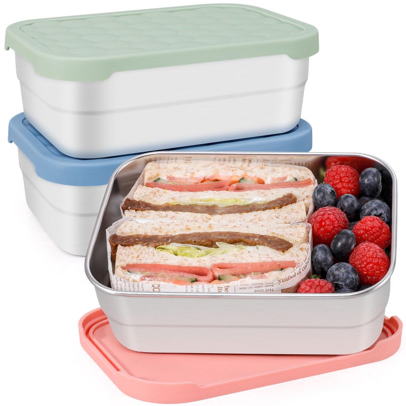 Caperci 25oz Stainless Steel Food Containers, 3-Pack Bento Lunch Box with Silicone Lids, Leak-Proof Reusable Meal Prep Container for Sandwiches & Snacks, BPA-Free (720ML) - Image 1