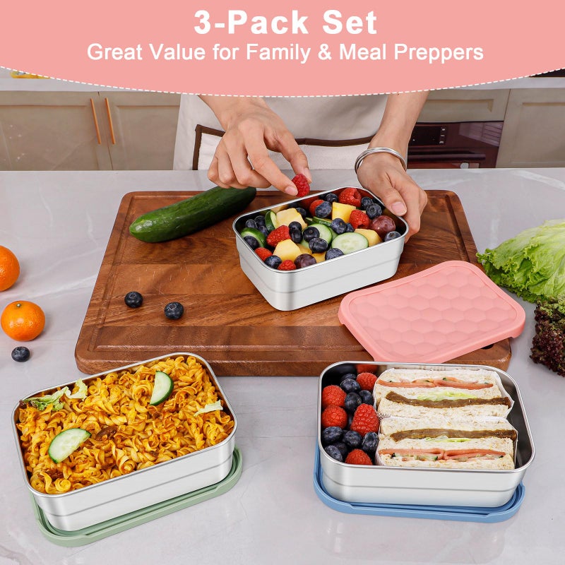 Caperci 25oz Stainless Steel Food Containers, 3-Pack Bento Lunch Box with Silicone Lids, Leak-Proof Reusable Meal Prep Container for Sandwiches & Snacks, BPA-Free (720ML) - Image 3