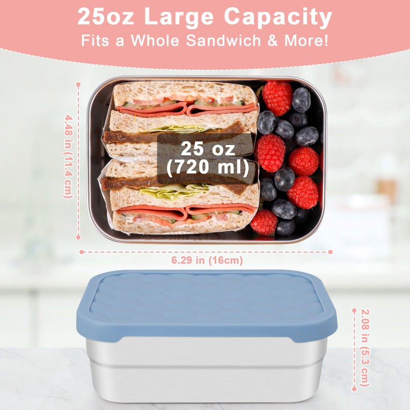 Caperci 25oz Stainless Steel Food Containers, 3-Pack Bento Lunch Box with Silicone Lids, Leak-Proof Reusable Meal Prep Container for Sandwiches & Snacks, BPA-Free (720ML) - Image 2