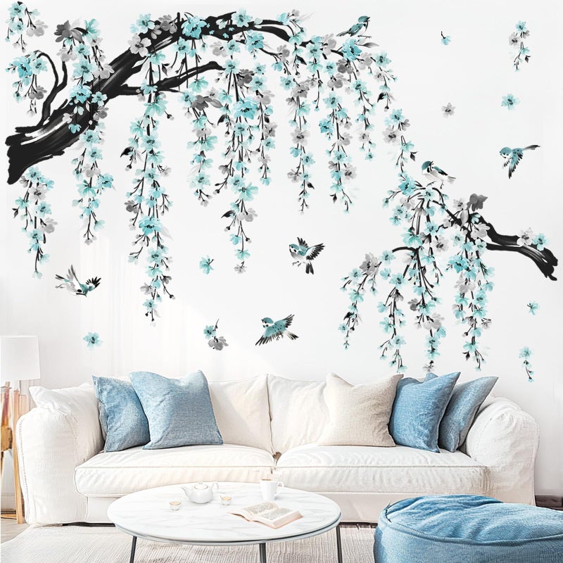 wondever Large Watercolor Flower Branch Wall Stickers Blue Blossom Tree Branches Peel and Stick Wall Art Decals for Living Room Bedroom TV Wall - Image 1