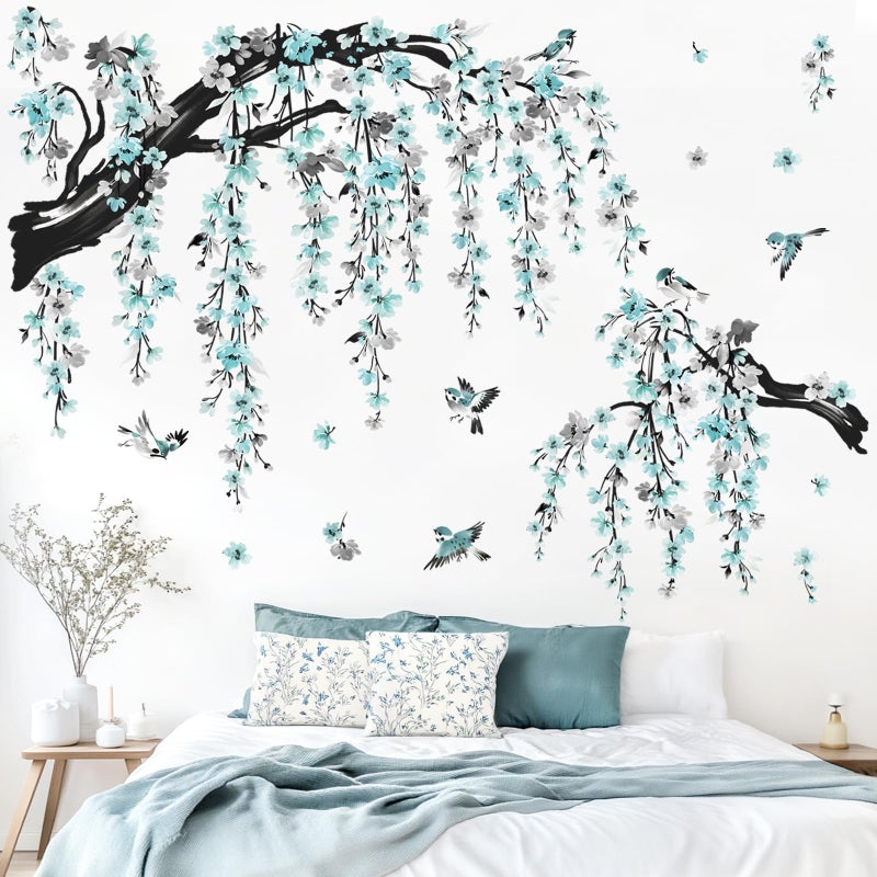 wondever Large Watercolor Flower Branch Wall Stickers Blue Blossom Tree Branches Peel and Stick Wall Art Decals for Living Room Bedroom TV Wall - Image 2