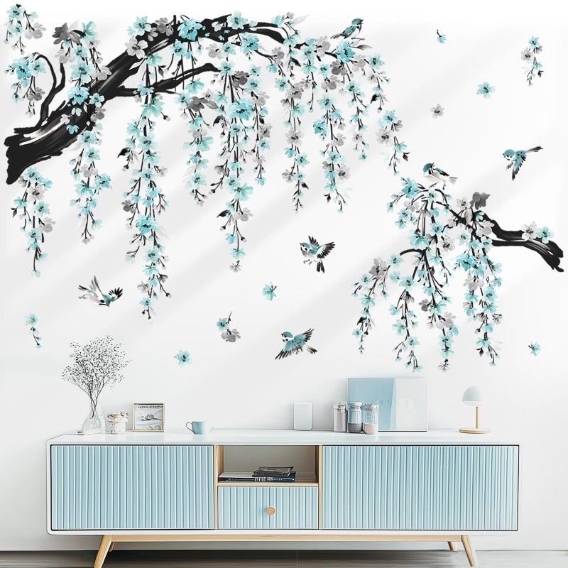 wondever Large Watercolor Flower Branch Wall Stickers Blue Blossom Tree Branches Peel and Stick Wall Art Decals for Living Room Bedroom TV Wall - Image 3
