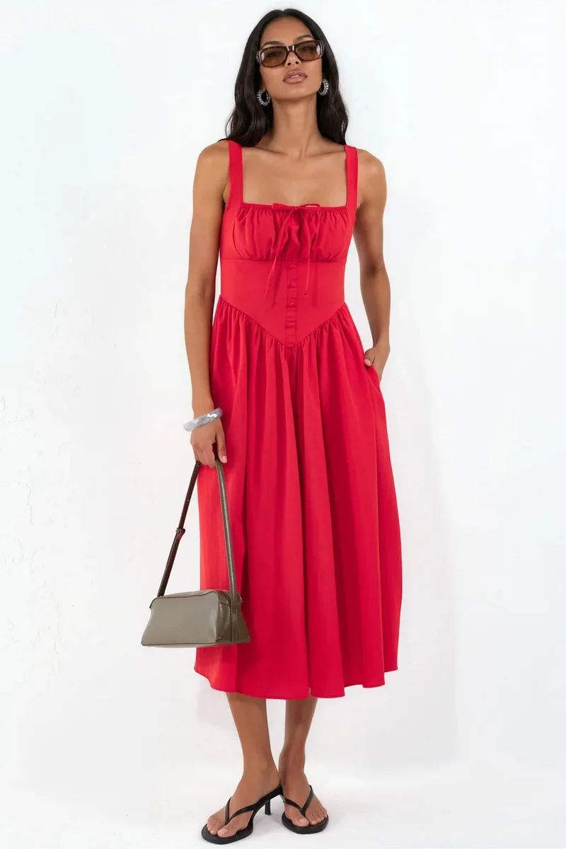 Busem BUSEM Midi Dress with Square Collar and Button Detail