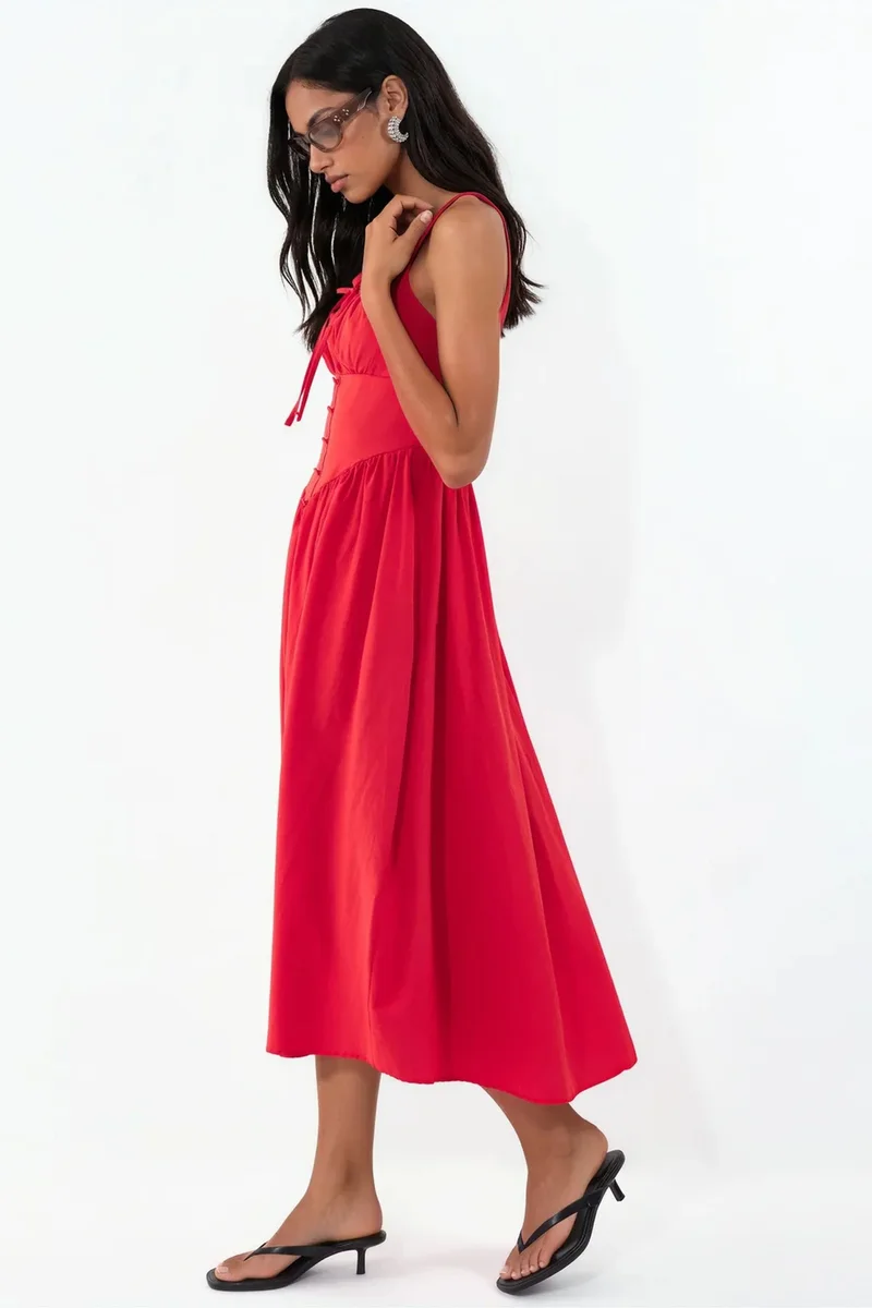 Busem BUSEM Midi Dress with Square Collar and Button Detail