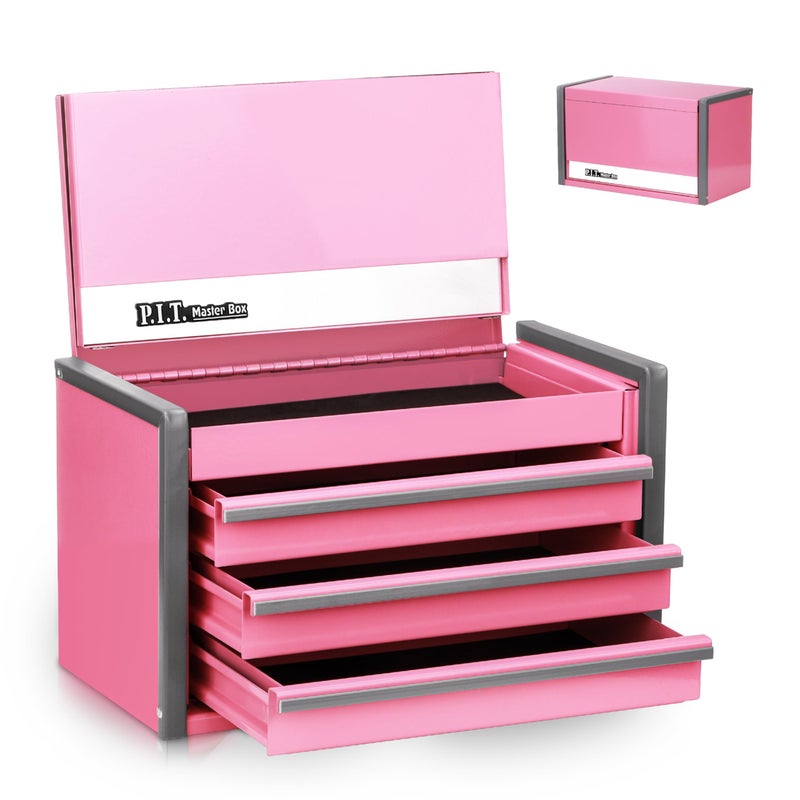 PIT Mini Pink Tool Box Portable 3 Drawer Steel Stackable Tool Box with Magnetic Tab Locking Pink Micro Top Chest with Liner for Tools Storage and Organizers Home DIY