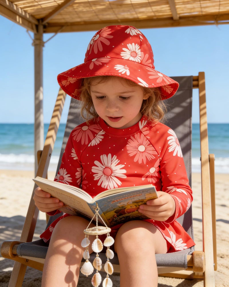 Redair Toddler Girls Rash Guard Swimsuit Long Sleeve Bathing Suit One Piece Ruffle 2t Beachwear with Hat Zipper Red Floral - Image 2