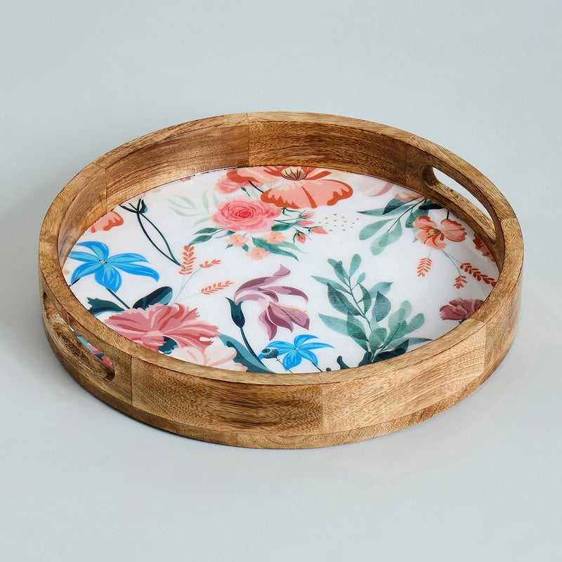 Saaga Round Serving Mango Wooden Tray with Handles - 12 Inch X 2 Inch - Serving Snacks, Beverages, Tea, Dessert, Dinner, Breakfast - Canyon Clay - Image 4