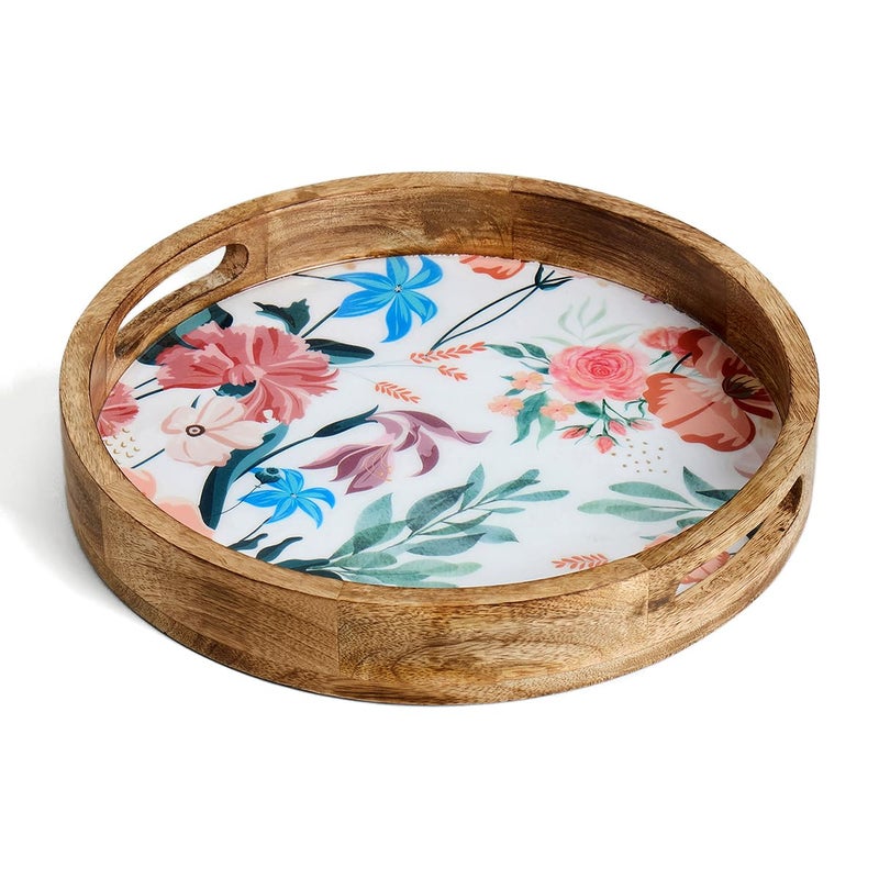 Saaga Round Serving Mango Wooden Tray with Handles - 12 Inch X 2 Inch - Serving Snacks, Beverages, Tea, Dessert, Dinner, Breakfast - Canyon Clay - Image 1