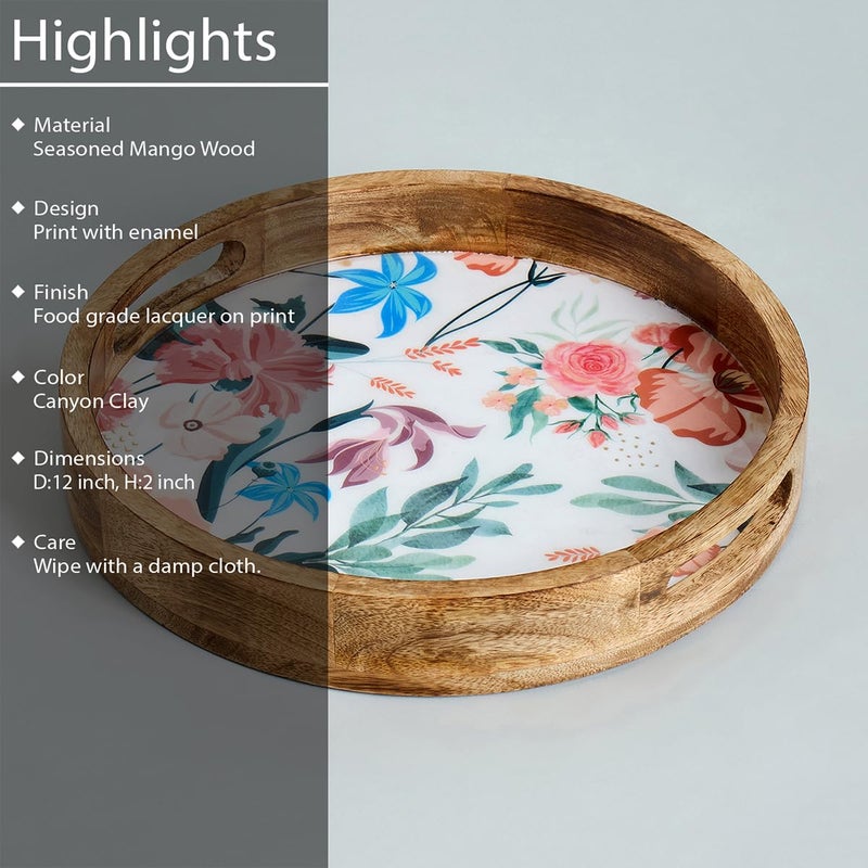 Saaga Round Serving Mango Wooden Tray with Handles - 12 Inch X 2 Inch - Serving Snacks, Beverages, Tea, Dessert, Dinner, Breakfast - Canyon Clay - Image 3