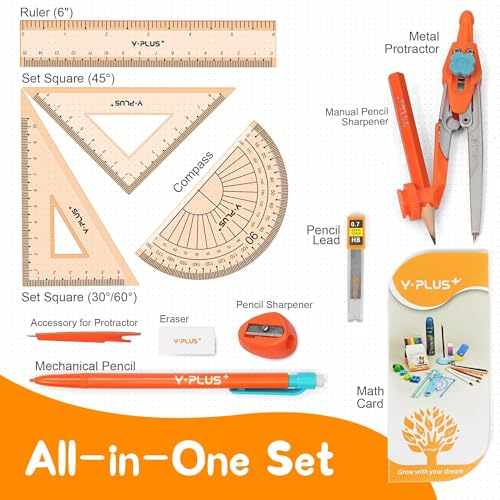 YPLUS Geometry Set for Students, Math Protractor Compass with Rulers Mechanical Pencil, Box of Protactors Kit for Class Supplies and School Kids Toddler - 12 Pcs, Back to School Supplies for Kids - Image 3