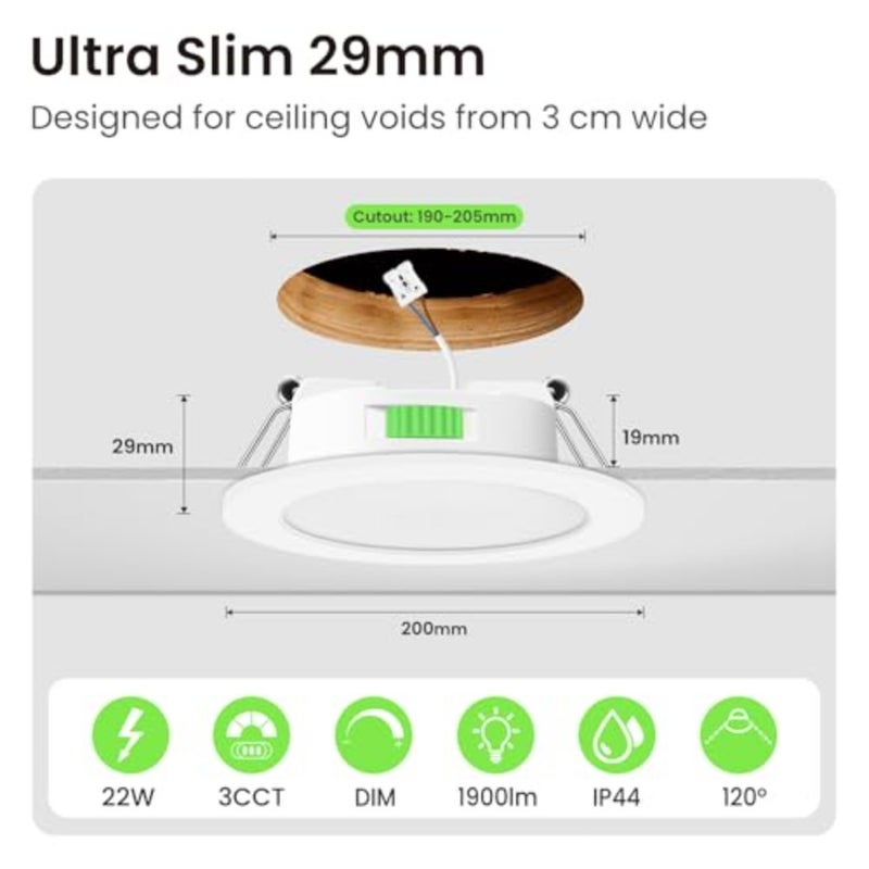 إضاءة كشاف LED غائر، 22 وات 1900 لومن، 3000 ك - 6500 ك، قابل للتعتيم، IP44، أبيض، 6 عبوات، داخلي، حديث، منزل، مطبخ، حمام، غرفة نوم، غرفة معيشة - Image 2