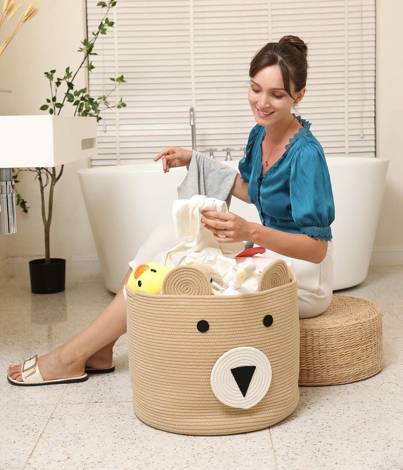 LEAZZOTE Large Woven Jute Rope Storage Hamper, Laundry Basket Organizer For Toys, Blanket, Clothes, Towels, Gifts|Pet Gift Basket For Cat, Dog (BEAR-1[18X15 INCH]) - Image 5