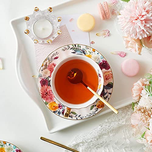 ONEUSTAR Tea Cup and Saucer Set for 1 Bone China English Tea Cup with Spoon Floral Teacup 8 oz British Coffee Latte Mug for Mother's Day Gifts, Pink - Image 5