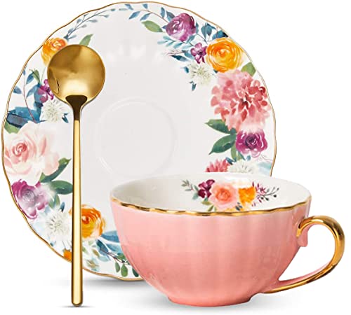 ONEUSTAR Tea Cup and Saucer Set for 1 Bone China English Tea Cup with Spoon Floral Teacup 8 oz British Coffee Latte Mug for Mother's Day Gifts, Pink - Image 1