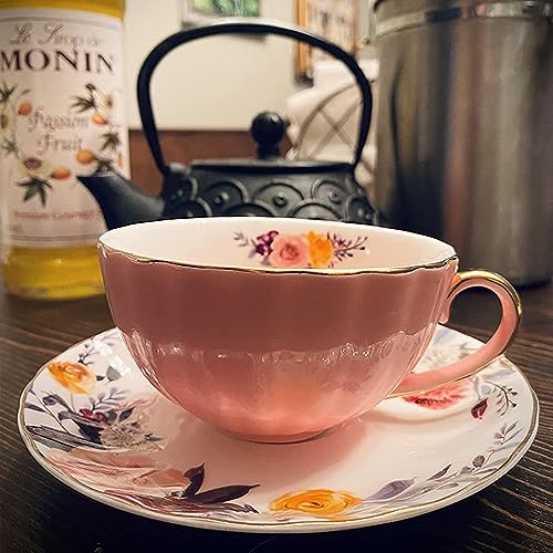 ONEUSTAR Tea Cup and Saucer Set for 1 Bone China English Tea Cup with Spoon Floral Teacup 8 oz British Coffee Latte Mug for Mother's Day Gifts, Pink - Image 2