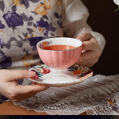 ONEUSTAR Tea Cup and Saucer Set for 1 Bone China English Tea Cup with Spoon Floral Teacup 8 oz British Coffee Latte Mug for Mother's Day Gifts, Pink - Image 4
