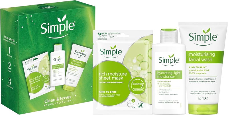 Simple Clean Fresh Regime Collection Gift Set with a facial wash a sheet mask and a moisturiser perfect for any occasion 3 piece