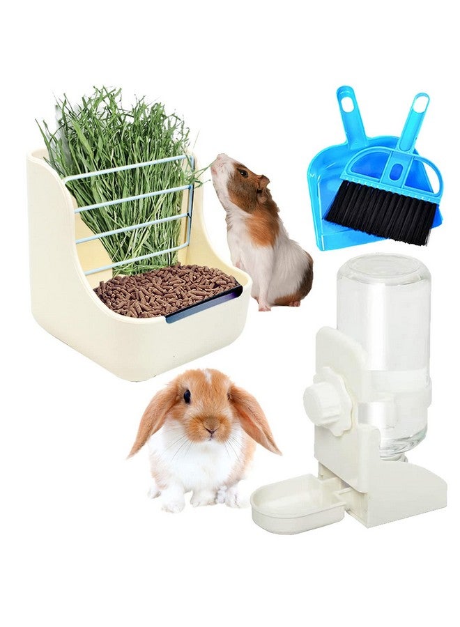 HERCOCCI Rabbit Hay Food Bin Feeder and Bunny Water Bottle Set, Hay Food Feeder Bowls Manger Rack with 500ml Hanging Water Dispenser Prevent Knock Over for Rabbit Guinea Pig Chinchilla (Large, White) - Image 1