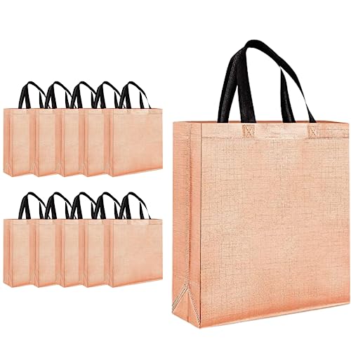 Evafly Gift Bag Medium Size Pack of 10 : L13 x W12 x D4 inch|Resuable Non-Woven Shiny Metallic Laminated|Haldi Return Gifts, Jute Bags for Return Gift,Return Gift For Birthday - Rose Gold - Image 1