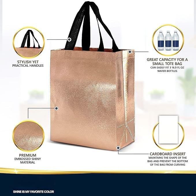 Evafly Gift Bag Medium Size Pack of 10 : L13 x W12 x D4 inch|Resuable Non-Woven Shiny Metallic Laminated|Haldi Return Gifts, Jute Bags for Return Gift,Return Gift For Birthday - Rose Gold - Image 3