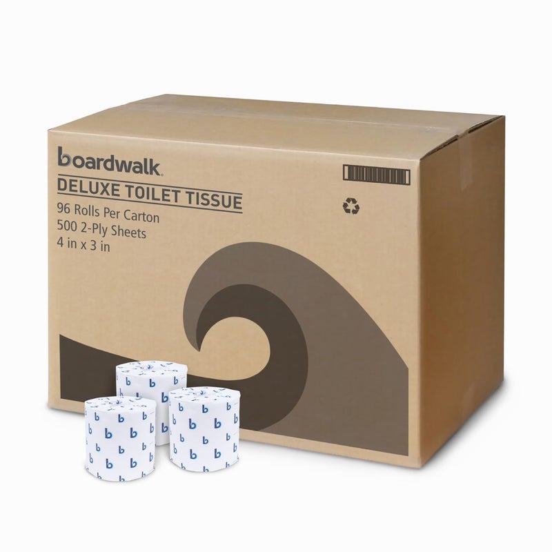 boardwalk 2-Ply Bathroom Toilet Paper Tissue, Septic Safe, 500 Sheets/Roll, Bulk Quantity 96 Rolls/Carton, 4" x 3", White - Image 1